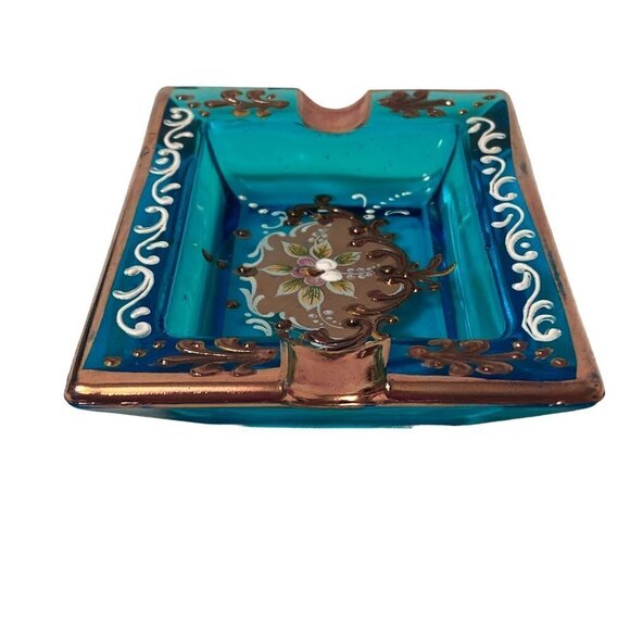 Italian Glass Ashtray Ornate Blue Gold Floral Made in Italy Vintage - Picture 9 of 11